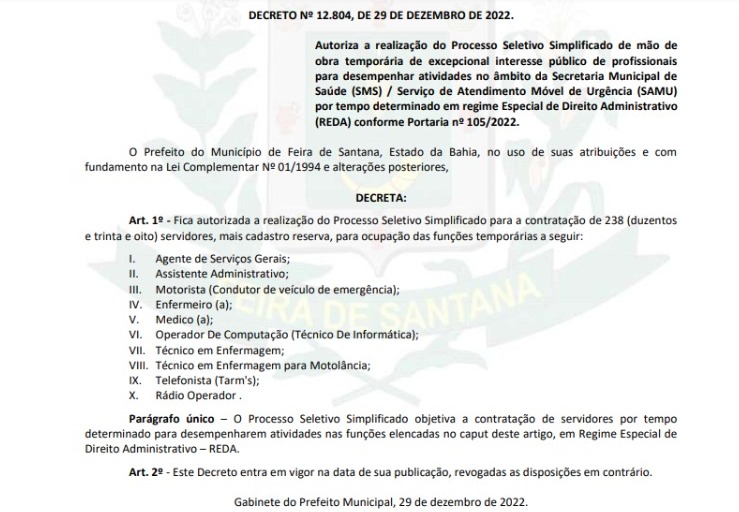 238 vagas serão abertas para contratação temporária no SAMU de Feira