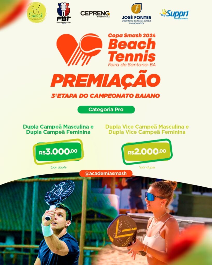 Terceira etapa do campeonato baiano de Beach Tennis será realizada na Academia Smash, em Feira